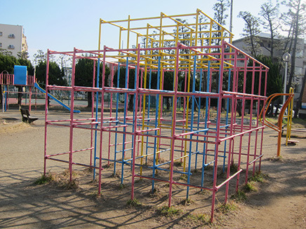 コンビネーション遊具の他にジャングルジムもある。