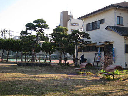公園内にある管理棟。手前に「背伸ばしベンチ」がある。
座りながら、あるいは反対側に立って椅子の背に体を沿わせてもたれると、
腹部・背中のストレッチに役立つ。