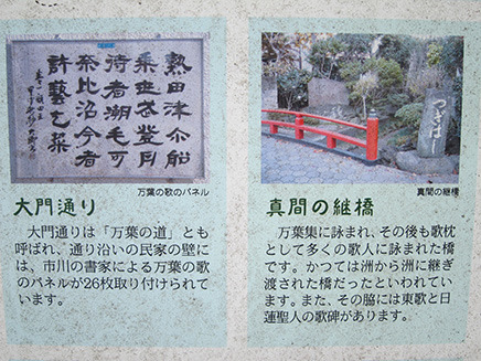 公園内に設置された、万葉集や歌枕などで詠まれた「真間の継橋」などの案内板。
