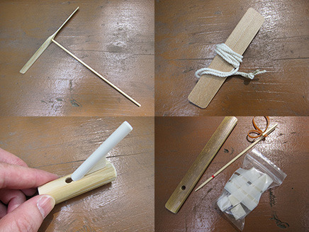 竹工房では竹細工の作品を自分で作って遊ぶことができる。
「竹トンボ」、「ブンブンごま」、「ウグイス笛」、「大根てっぽう」各200円。
他にも「竹炭」を500円で販売。