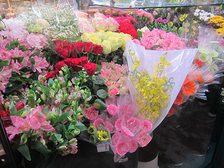 温度や光が管理されたショーケースに並ぶ、種類豊富な花々。
花は1本ずつプレゼント用に、リボンを付けてもらうことも！（時価）
