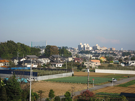 芝生広場の奥から市川駅方面を望む。高台にあるので眺めもよい。