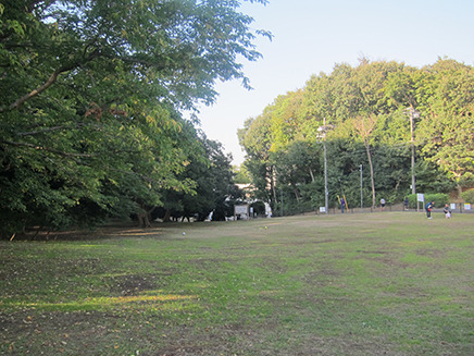 芝生広場の奥から入口方面を撮影。右手には「市川市立考古博物館」がある。