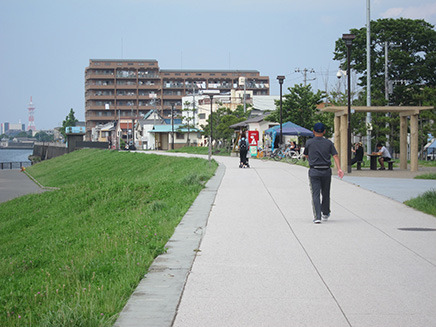 ジョギングしたり、のんびり散歩をする人など多くの人が行き交う長い遊歩道。