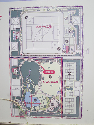 「スポーツ広場」と「いこいの広場」を合わせると広大な敷地になる。