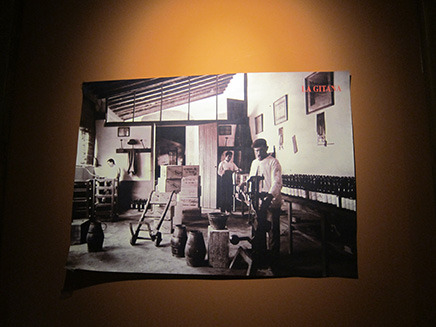 店内の壁にはシェリー酒“マンサニージャ　ラ　ヒターナ”のPR用のポスターが3枚。
これは、ワインの醸造所での作業風景。