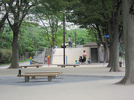 公園の中央には幅の広い滑り台がある。