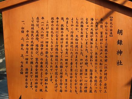 「胡録神社」の由来が書かれた案内板。