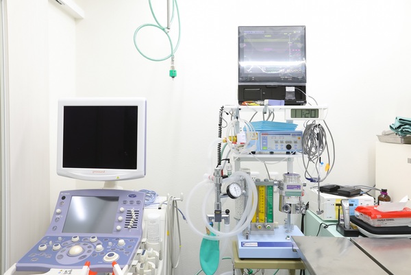 左にある機器は、体内の現状をリアルタイムで確認でき、動物に痛みや負担をかけずに診察できる「超音波検査装置」。右は心電図・心拍数・脈拍・呼吸・血圧・体温などのモニタリングに使用する「生体モニター FUKUDA ME AM140」。