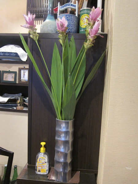 黄菊(上段左)、ピンクの百合(上段右)、紅いバラ(左)、ピンクのクルクマ(上)など、店内には季節の花がたくさん！
