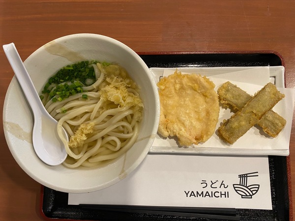 「かけうどん」(並)に、トッピングの「とり天」(左)と「ごぼう天」(右)。