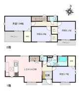 ウォークインクローゼット２ヵ所、階段下収納など収納たっぷり。各居室６帖以上、広々と使える４ＬＤＫの間取りです。